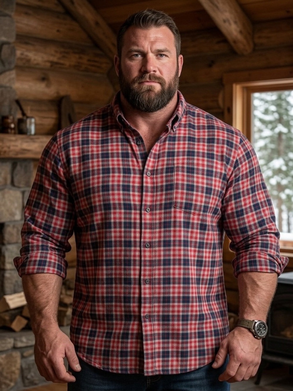 George Men’s 3XL 54-56 Plaid Button Down Shirt Red Navy Classic Fit Stretch